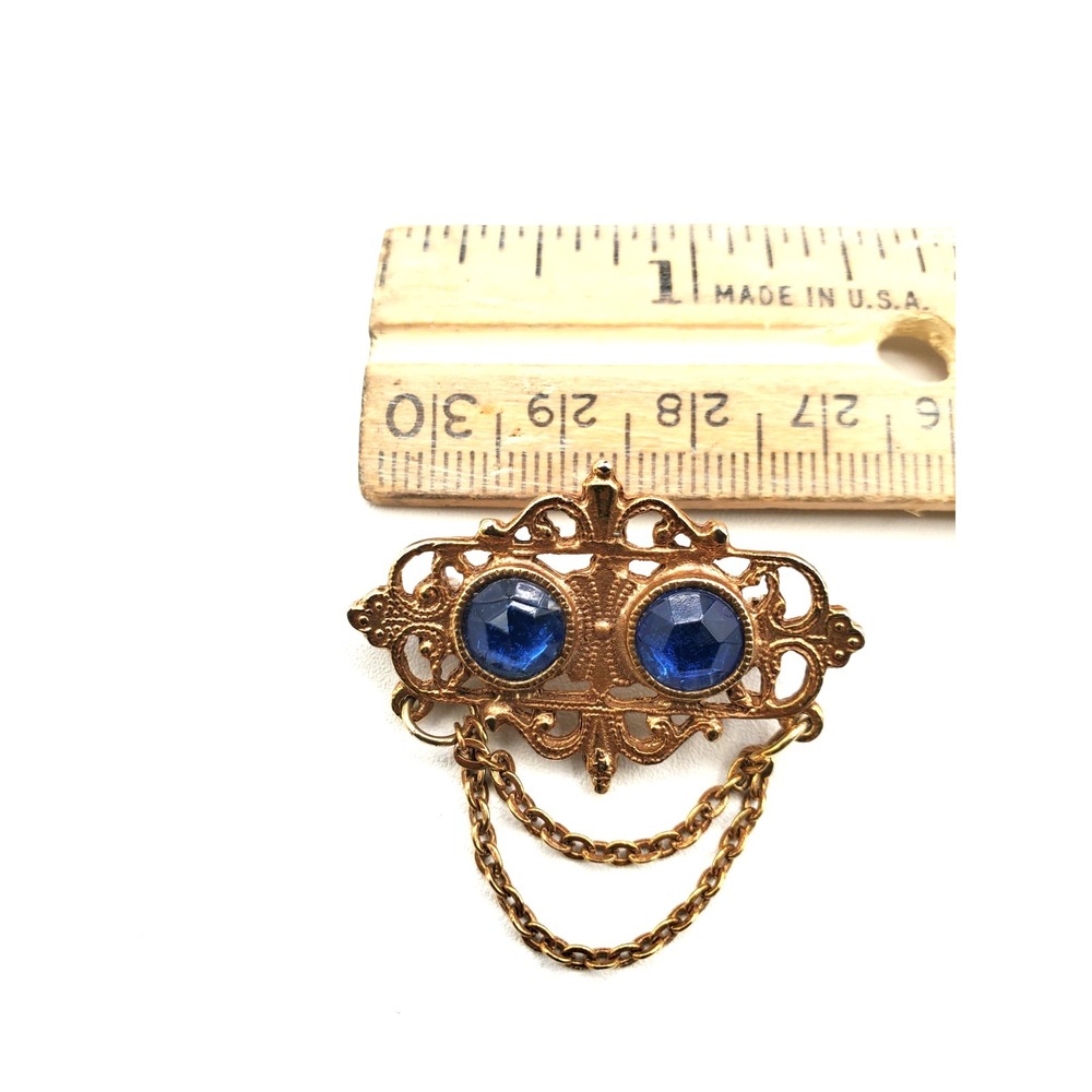 Vintage Filigree Blue Stone with Drop Chains Brooch Pin - Picture 3 of 5